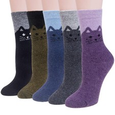 5 Pairs Womens Wool Socks - Thick, Warm, Winter, Cozy Vintage Knit Cat Crew S...