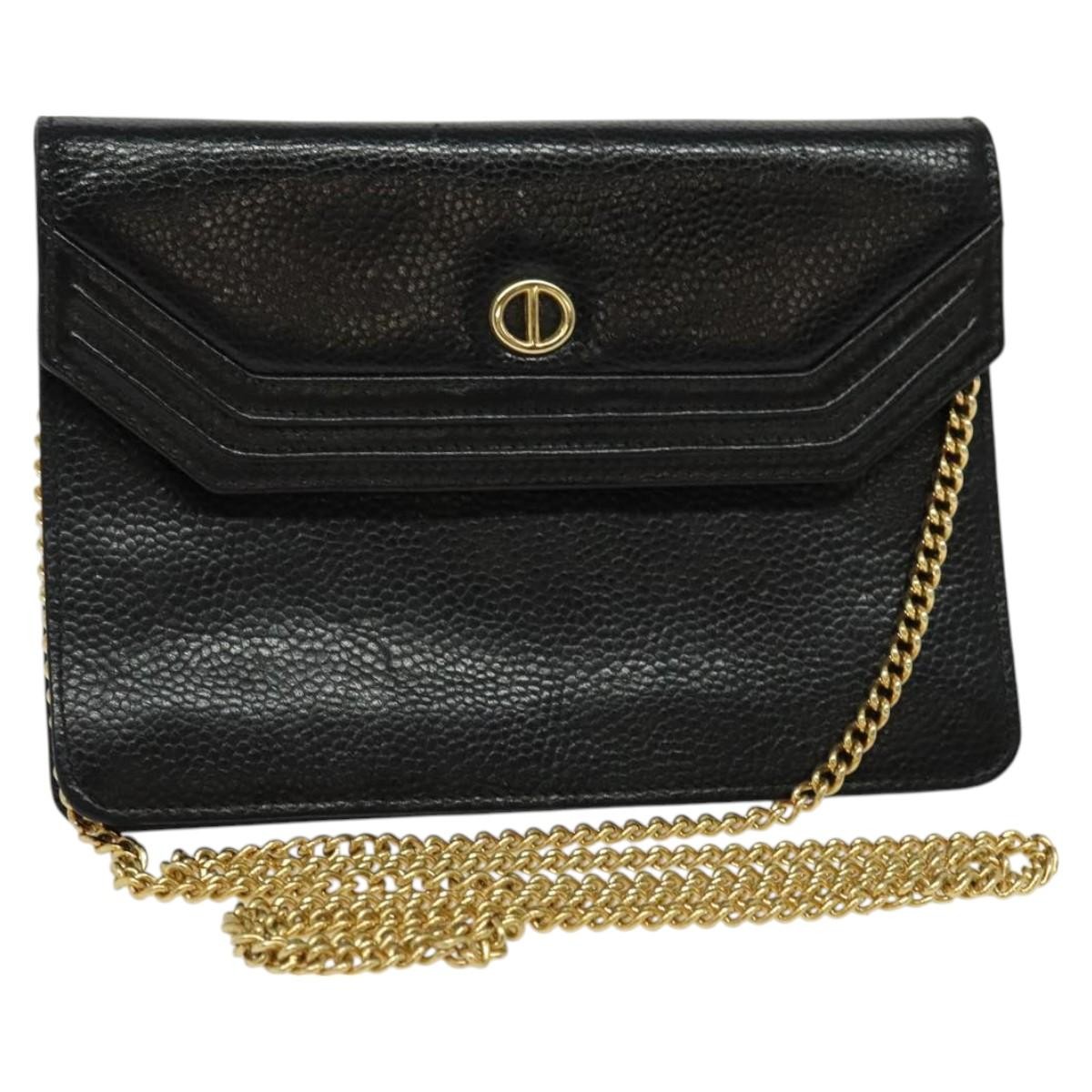 Dior Black Gold Leather Chain Shoulder Bag Auth BA2581