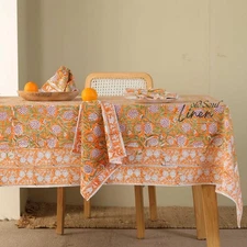 Floral Block Print Dining Room Table Cover Boho Cotton Kitchen Decor Tablecloth
