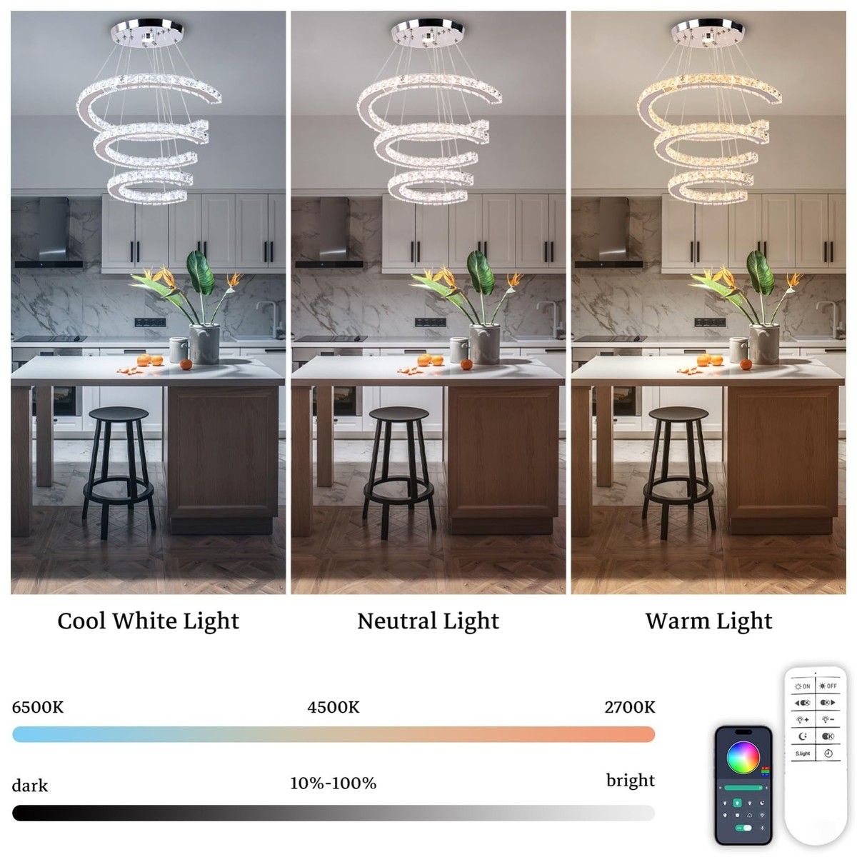 Finktonglan Modern Dimmable, Rings Crystal Chandeliers with Remote Control