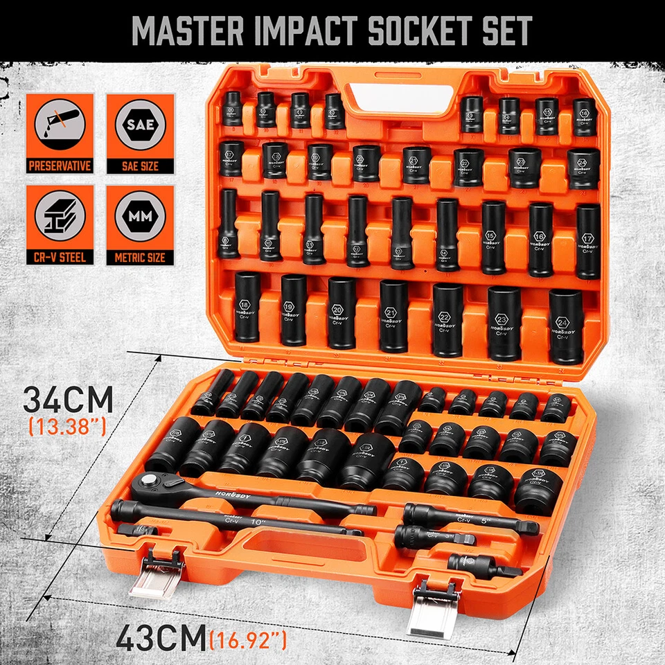 66PC Impact Socket Set 1/2in Drive 6 Point Shallow & Deep Socket Set SAE Metric - Image 4 of 4