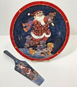 Santa-Claus-Christmas-Cake-Plate-w-Server-Ceramic-Teddy-Bear-Party-Red-Blue