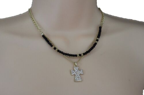 Collana donna bigiotteria moda metallo oro catena croce ciondolo classico 3 fili - Foto 2 di 12