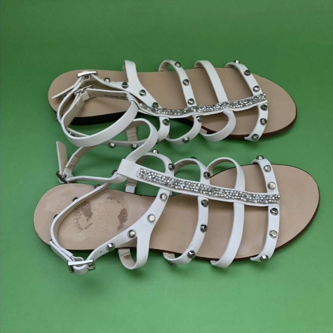 Vince Camuto Jakela White Stud Rhinestone Flat Leather Sandals Size 6.5 M  