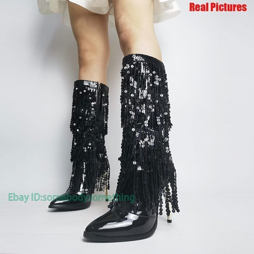 New Fashion Spring Outfit Pointed Toe Studded Fringed Mid-Calf Boots