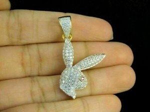 Authentic Bunny Rabbit Pendant 2 Ct Round Lab-Created Ruby and Cz 14K Yellow Gold Plated