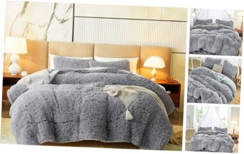 Shaggy Comforter Set King Size 3 Pieces Winter Faux Fur King 100x88 Gray