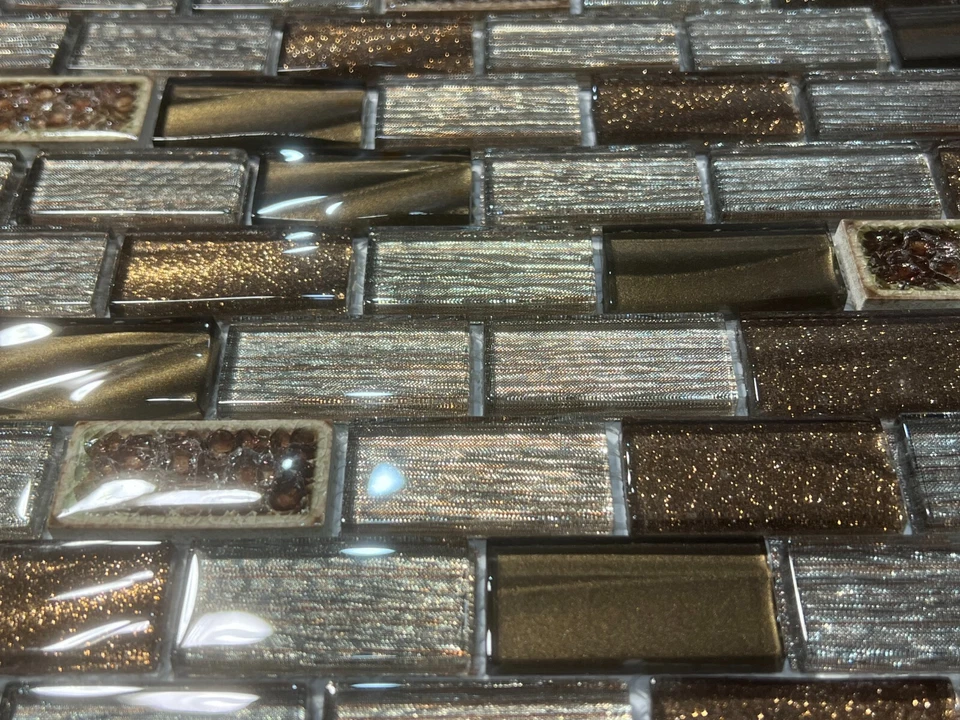 NY21 Silver/Brown Glass/Marble Rectangle Mosaic Tile Kitchen Bathroom Backsplash - Image 3 of 4
