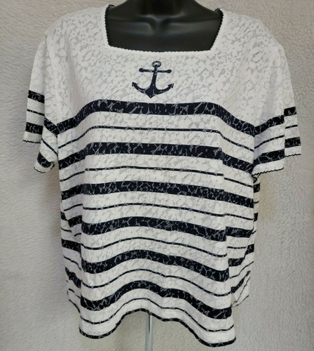 Alfred Dunner Womens Shirt Top Blouse Size X Large Petite XLP White Blue Striped - Picture 9 of 12