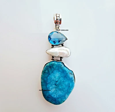Blue Solar Agate With Pearl & Blue Topaz 925 Sterling Silver Handmade Pendant - Image 1 of 4