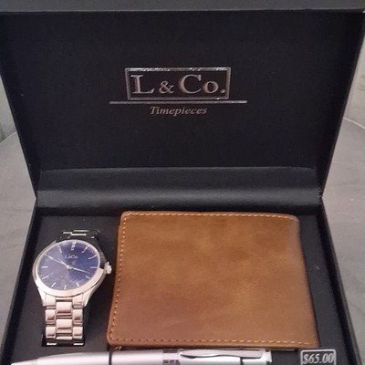 L & Co. Timepieces Men's Blue Dial Quartz Watch Silver Metal Bracelet w/ Box