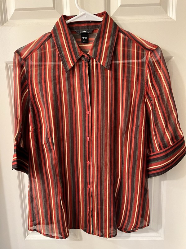 Vintage early 00s H&M Woman’s Sheer Stripe Button Up Shirt Size 14 (M-L)