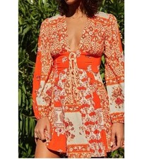NWT Free People Mixing It Up Plunge Neck Red Cream Patterned Mini Dress XL Boho