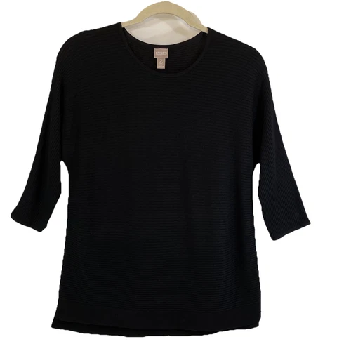 Chicos Size 2 Tunic Top Round Neck 3/4 Sleeve Black Womens L Rib Knit