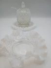 Vtg Hobnail Opalescent White Moonstone Fenton 3 Pcs Jam Bowl Ruffled Bowl & Dish