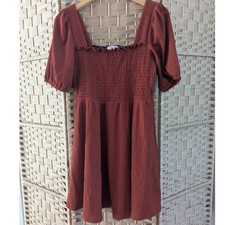 Nine West Smocked Square Neck Puff Sleeve Mini Babydoll Dress Rust Burnt Orange