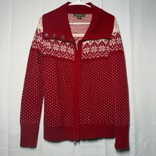 Eddie Bauer Full Zip Cardigan Small Red Snowflake Fair Isle Lambswool Sweater