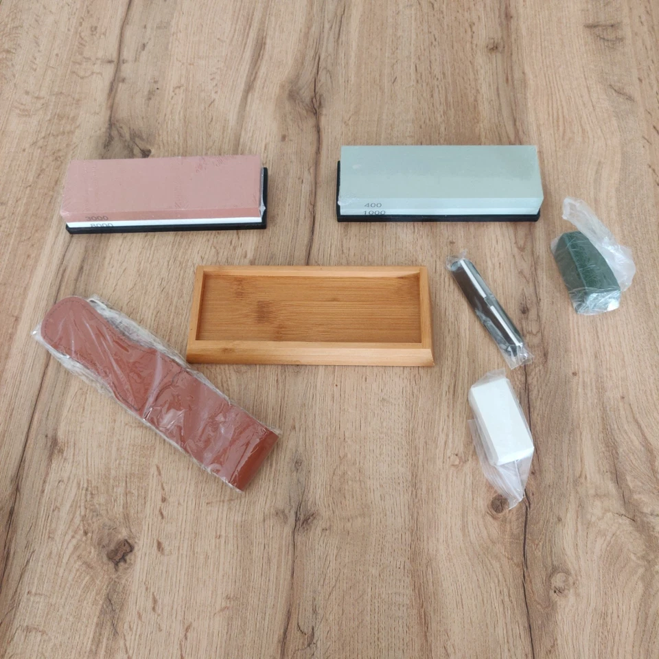 Schleifstein Set 400/1000 & 3000/8000 + Leder-Stropp & Polierpasten – NEU
