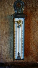ANTIQUE COPPER BRANNON MAX MIN GLASS THERMOMETER - GOOD WORKING ORDER