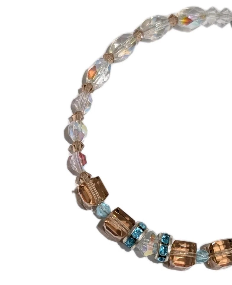 Sterling Silver Swarovski Crystal Aurora Borealis Amber Blue Beaded 8" Bracelet - Image 2 of 4