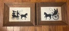 Kay Dee Vtg Needlepoint Hand Printed Linen Framed Pictures Horse Carriage Set X2