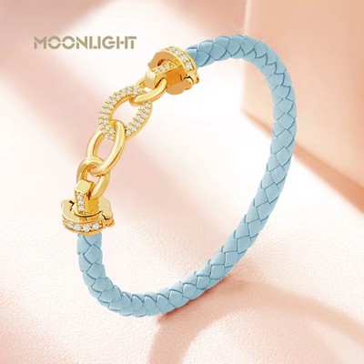 MOONLIGHT New Luxury Women's Zircon Ring Round Bracelet Genuine Braided Leather 