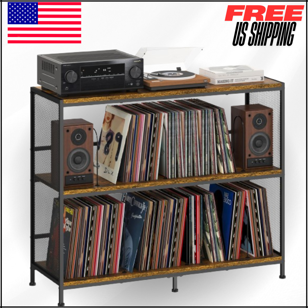 Vintage Player Table W Spacious 3 Tier Vinyl Record Storage, Up to 450 Records
