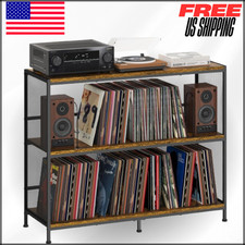 Vintage Player Table W Spacious 3 Tier Vinyl Record Storage, Up to 450 Records