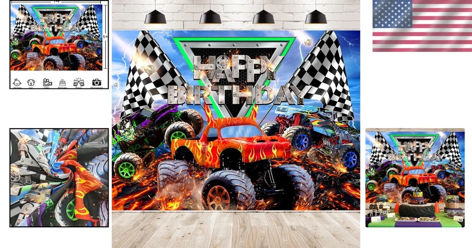 Telón de fondo para fotografía de cumpleaños Monster Truck de 7x5 pies - Captura el momento Foto 2 de 4
