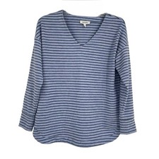 Haven Well Within Blue Striped Ribbed Soft Touch Cuffed Top Size Small V Neck
