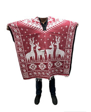 MEXICAN PONCHO ,DEER ,WINTER, SARAPE , REVERSIBLE , GABAN , HEAVY PONCHO , RED