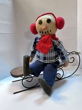 Primitive Folk Art Snowman Handmade Doll OOAK Tea Dyed On Sled 18” Tall