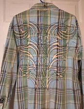 Roar Signature Embroidered Spellout Button Up Shirt Mens Sz XL Green Blue Plaid