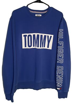 Vintage Tommy Hilfiger Denim Royal Blue Red White Logo Sleeve Sweatshirt XL