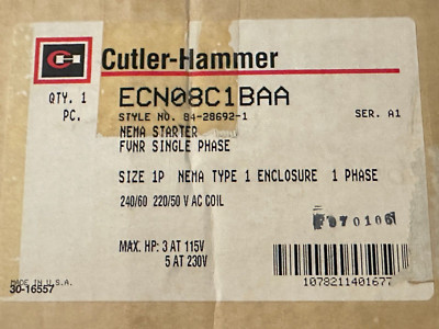 NEW Cutler Hammer Eaton ECN08C1BAA FVNR Non-Combination Starter, 240/220V coil