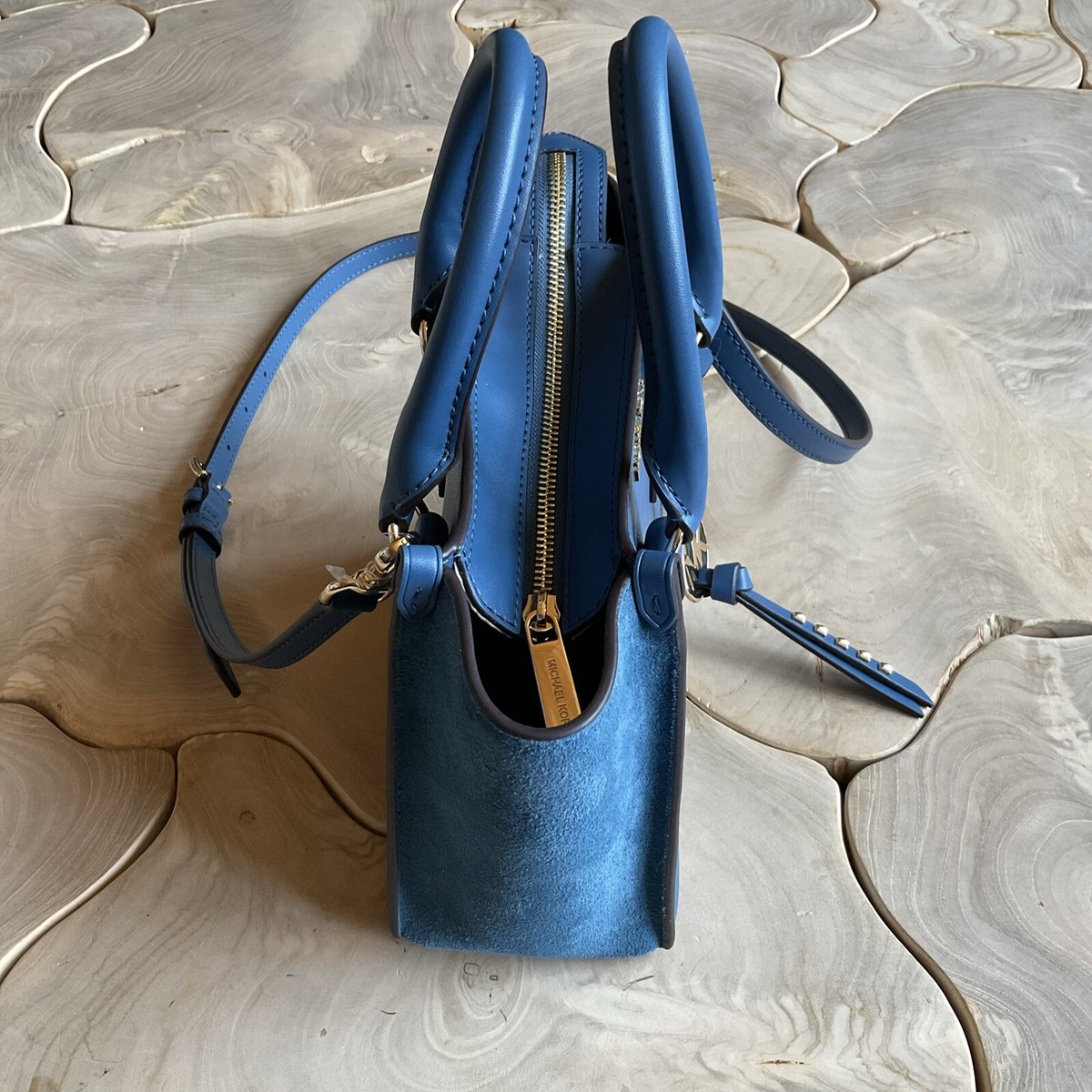 Michael Kora Kris Small Leather Satchel Blue Chambray Crossbody