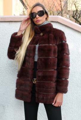 Pelzmantel Echtpelz Nerz 100% Real Ranch Mink Coat Fashion Outwear S/M Burgunder