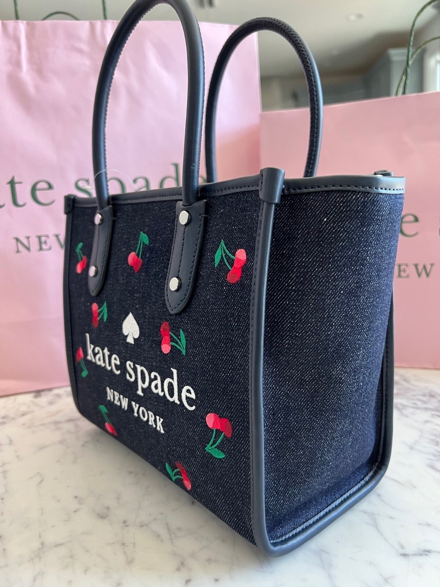 Kate Spade Ella Cherry Embroidered Denim Farbric Small Cherry Tote