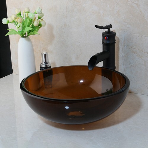 Small Glass Bathroom 31cm Basin Bowl Vessel Sink Black Mixer Tap Waste Drain Set - Picture 35 of 36