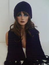 DARK PURPLE HAND CROCHET HAT SCARF SET HAND MADE HIPPIE BEANIE BOHO TAM SKI CAP