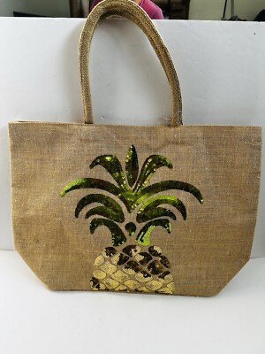 Jute Bon Voyage Beach Sequin Pineapple Beach Travel Tote Bag