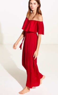 Oysho Bardot Satin Red Dress Size L UK