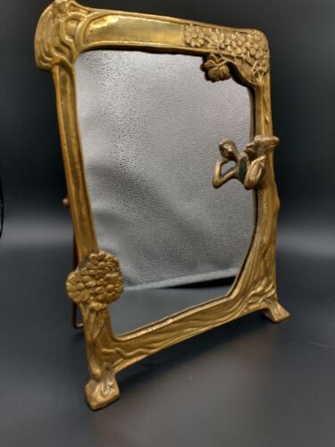 Lg Art Nouveau Bronze Lady by the Lake Mirror Vtg Vanity Dresser Easel 12 x 9" - Picture 2 of 13