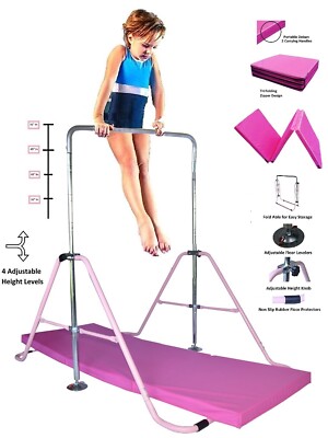 Kids Jungle Gymnastics Pink Monkey Bars Climbing Tower Expandable w 2x6 Mat 