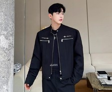 Men's Spring Fashion Stand Collar Long Sleeve Loose Metal Decor Zipper Jackets