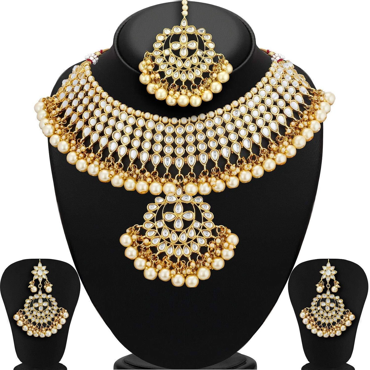 Trendy Kundan Gold Plated Wedding Jewellery Pearl Choker Necklace Set for Women