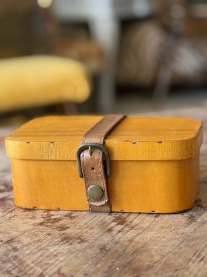 Vintage Bentwood Stash Box Or Mini Trunk Leather Strap Snap Closure Rare