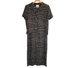 2PC Leslie Fay Dress Set Women's Size 10 Black Beige Geometric Maxi