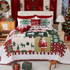 5-Piece Christmas Quilt Set,Queen Size Xmas Tree Reindeer Santa Claus Pattern...