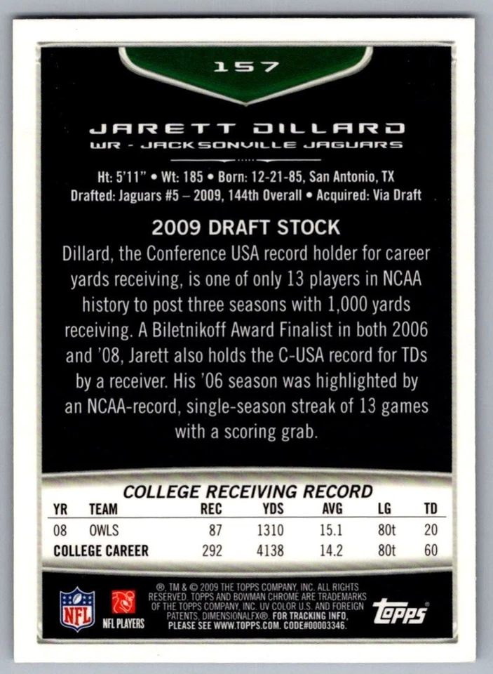 2009 Bowman Chrome Rookie Autographs Jarett Dillard Jacksonville Jaguars #157 - Image 2 of 2